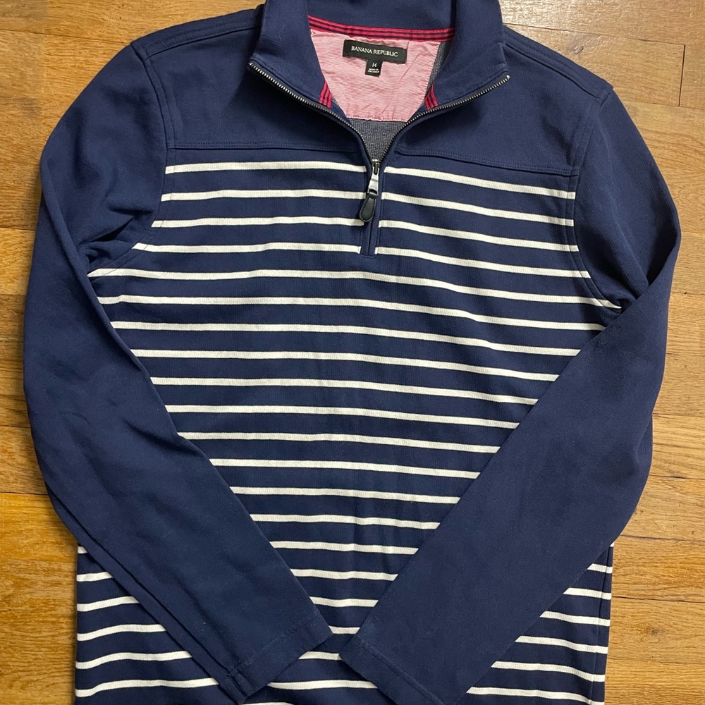 Banana Republic Men Quarter Zip Blue White Striped Sweatshirt Cold Knit Cotton M